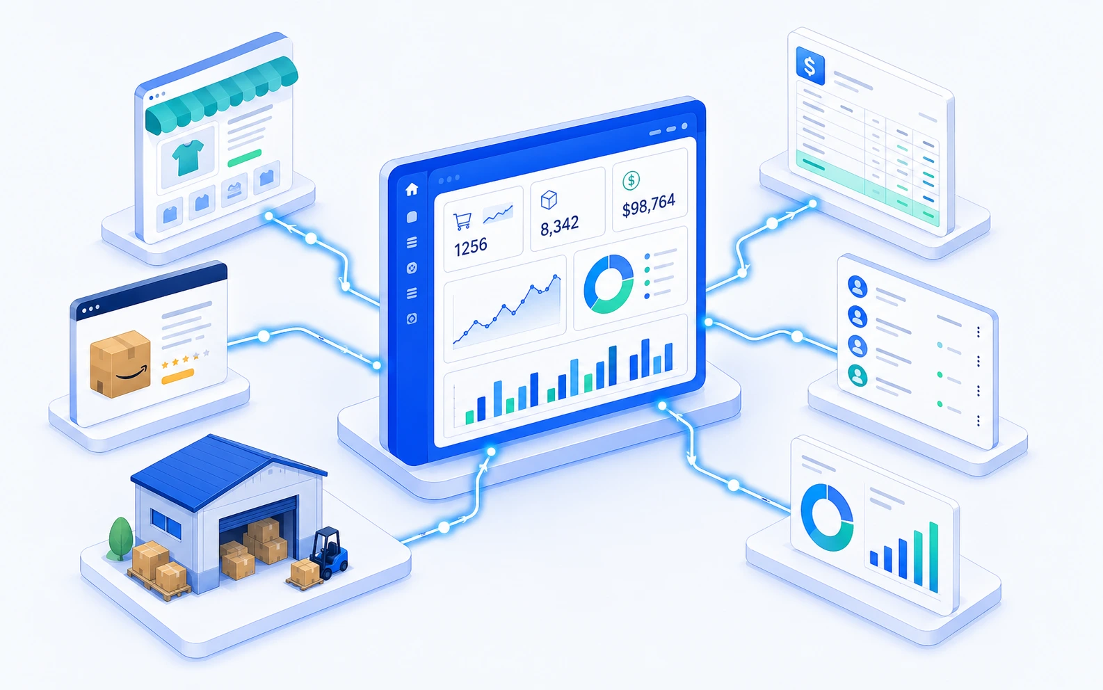 Connected eCommerce operations: storefronts, inventory, accounting, CRM, and analytics unified in one dashboard