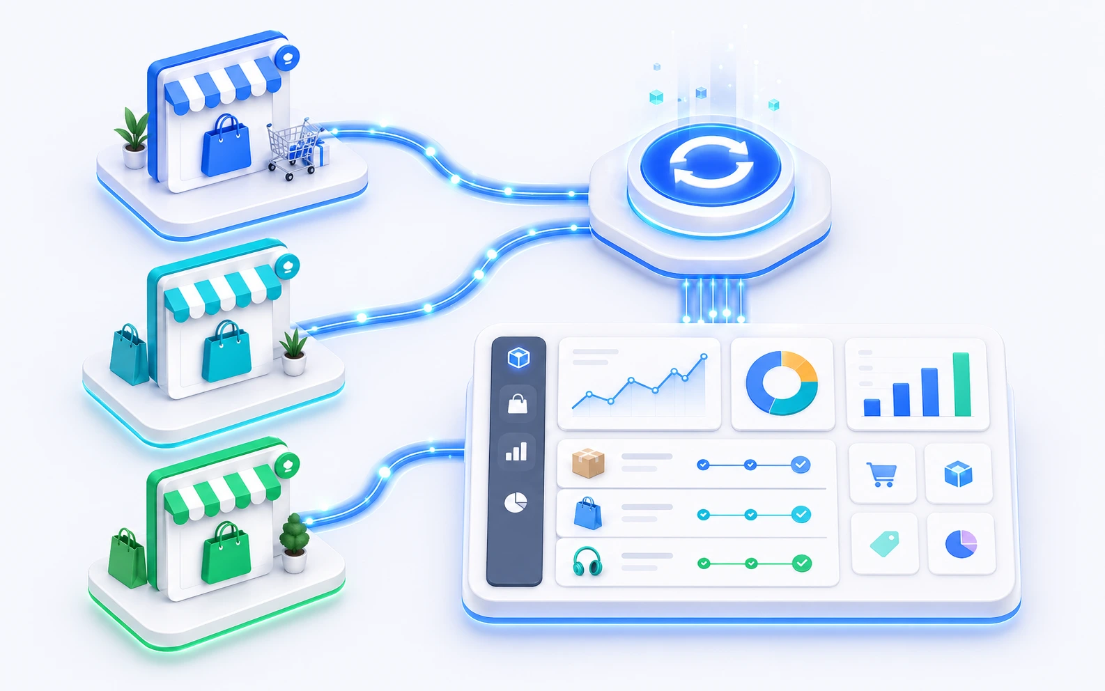 Multi-channel storefront integration connecting Shopify, Amazon, and WooCommerce to Zoho