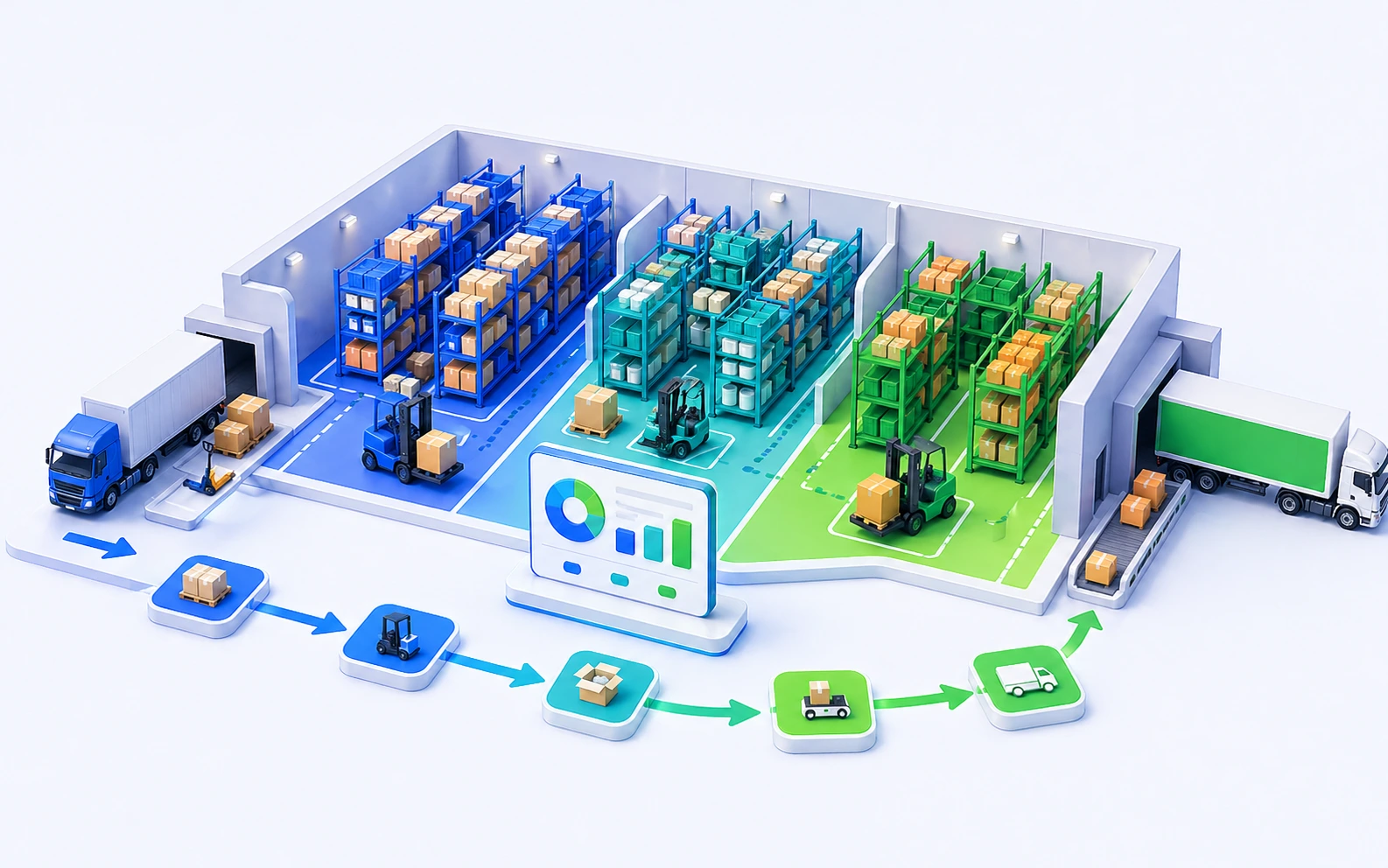 Warehouse zone management with organized shelving and bins